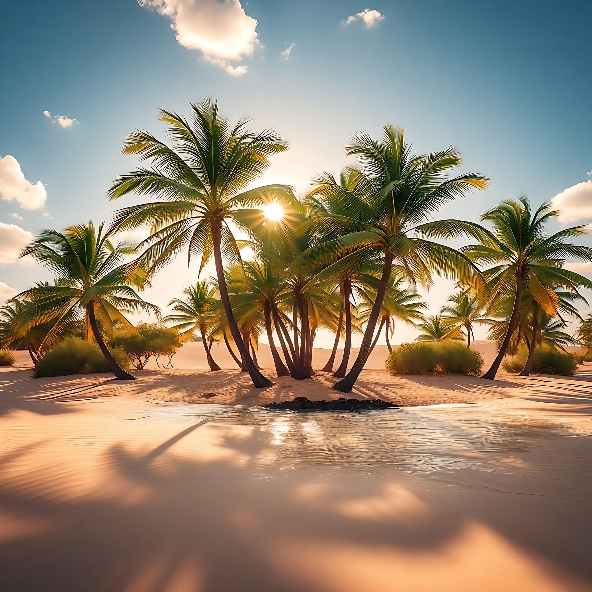 Escape to a Sun-Kissed Tropical Haven A serene tropical beach with palm trees illuminated by sunlight