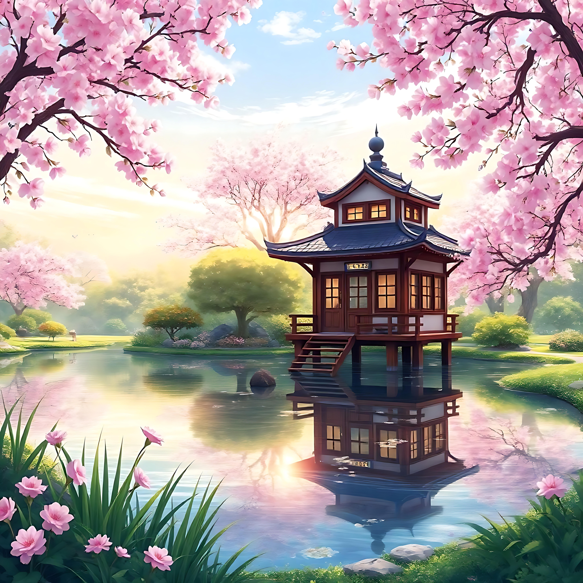 Rolig Anime Kirsebærblomster Retreat En rolig scene i anime-stil med en japansk gazebo på en sø, omgivet af kirsebærblomster og frodig grønt.