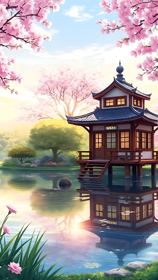 Rolig Anime Kirsebærblomster Retreat En rolig scene i anime-stil med en japansk gazebo på en sø, omgivet af kirsebærblomster og frodig grønt.