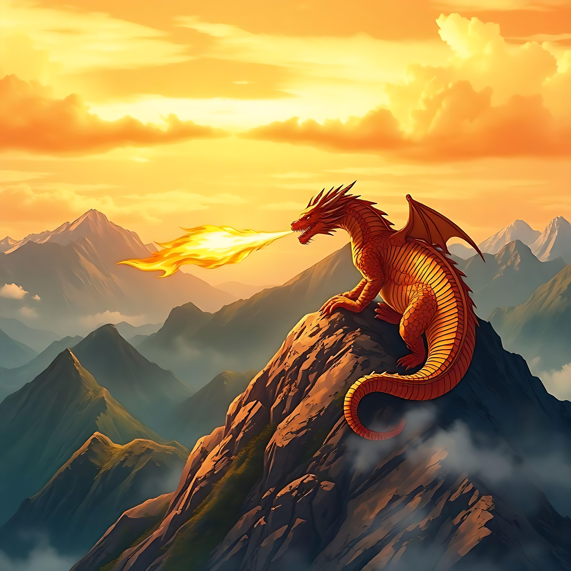 Epischer feuerspeiender Drache über atemberaubender Berglandschaft Majestätischer feuerspeiender Drache, der bei Sonnenaufgang auf einem Berg thront, im Anime-Kunststil.