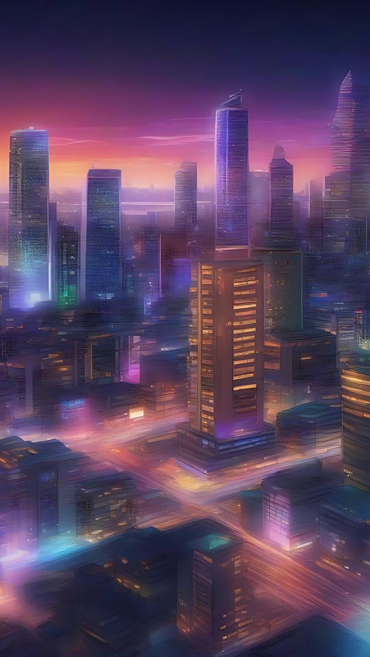 Neondröm: Animerad stadsvy i skymning Anime-stadsvy i skymningen, upplyst av neonljus och skyskrapor.