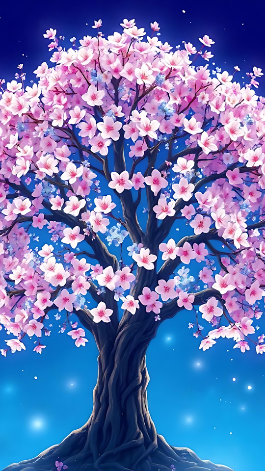 Serene Anime Cherry Blossom Under a Starlit Sky Stunning anime artwork of a cherry blossom tree glowing under a starlit sky
