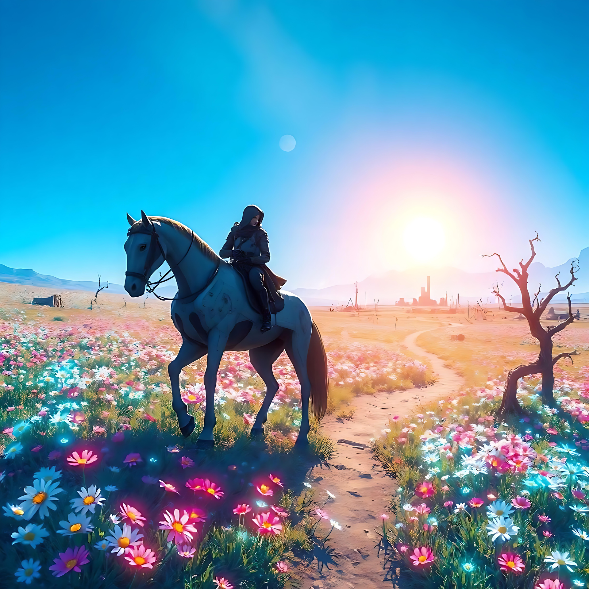 O Andarilho de Anime Pelos Campos da Tranquilidade Cavaleiro de anime a cavalo num prado de flores vibrantes ao nascer do sol.