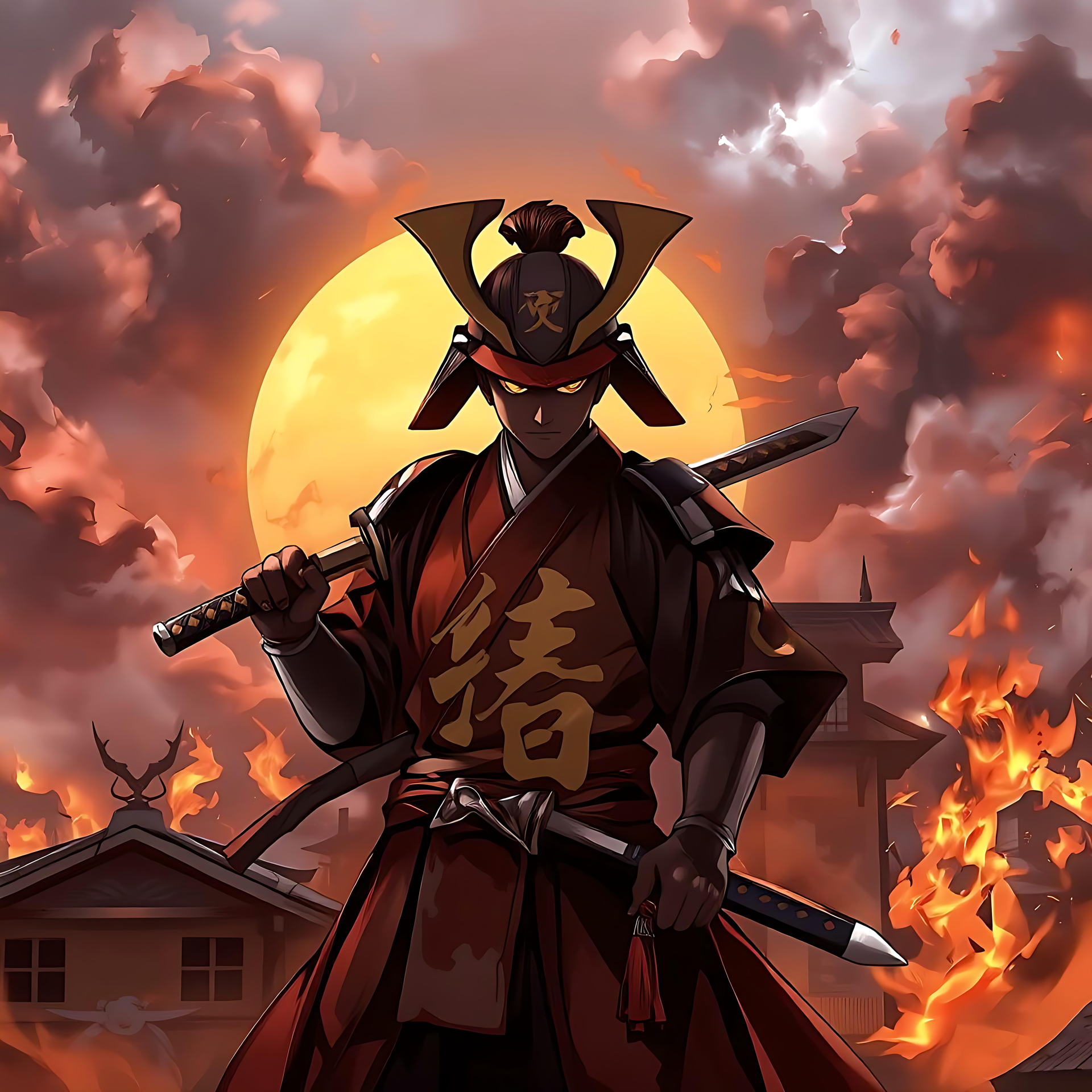 Episk Anime Samurai Kriger Mod en Brændende Horisont En samurai-kriger i traditionelt udstyr, der står mod en brændende sol og brændende pagode i anime-stil.