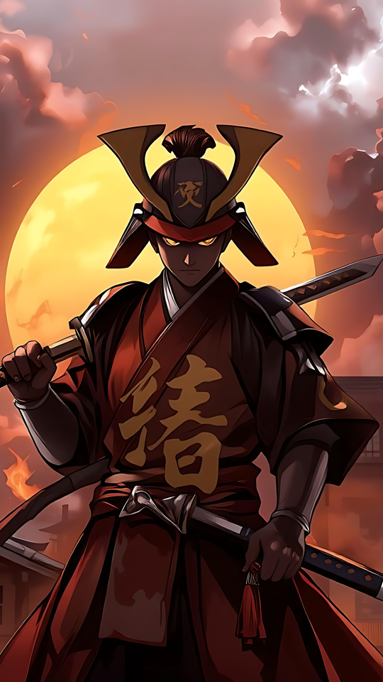Episk Anime Samurai Kriger Mod en Brændende Horisont En samurai-kriger i traditionelt udstyr, der står mod en brændende sol og brændende pagode i anime-stil.