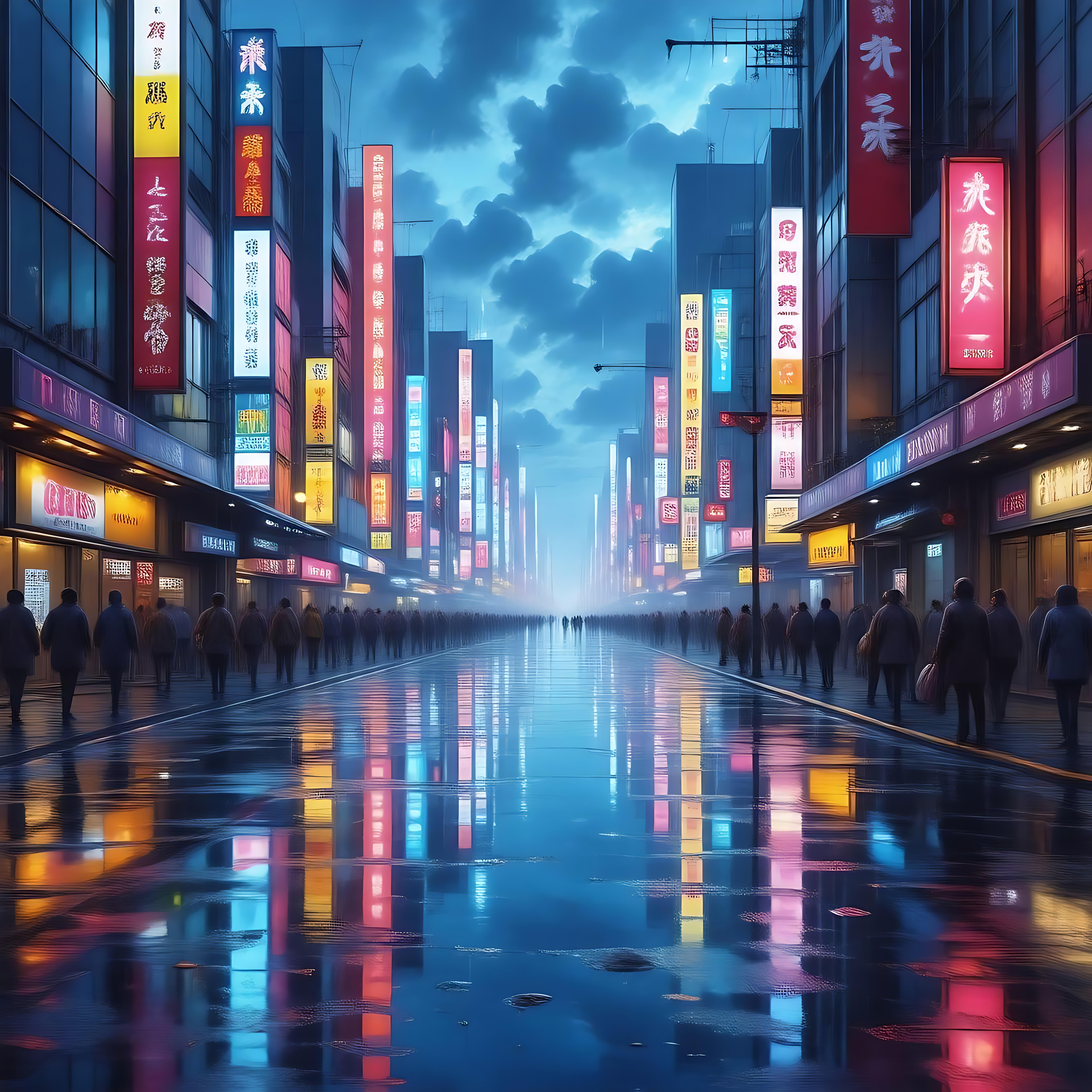 Lebhafte Neon-Straße in einer Anime-Nachtlandschaft Lebhafte Anime-Straßenszene bei Nacht mit Neonlichtern und Regenreflexionen.