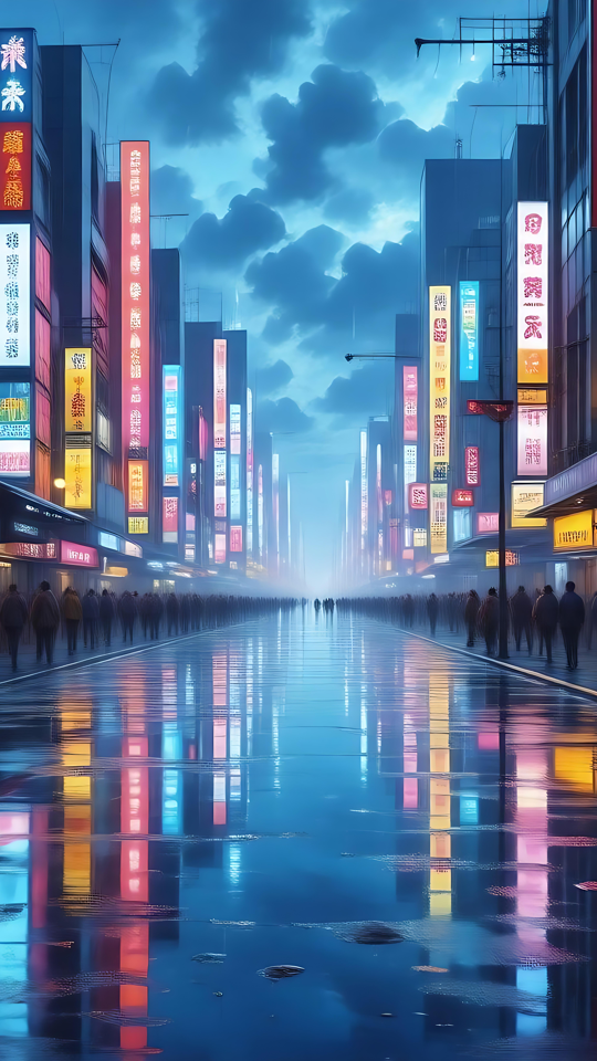 Lebhafte Neon-Straße in einer Anime-Nachtlandschaft Lebhafte Anime-Straßenszene bei Nacht mit Neonlichtern und Regenreflexionen.