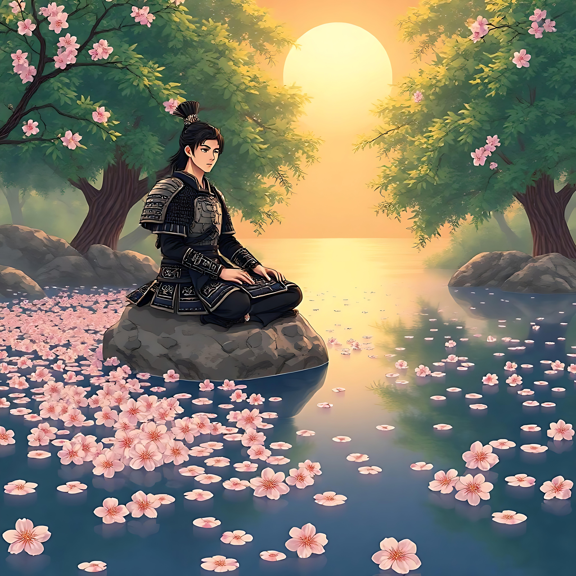 Meditazione Serena Di Samurai In Un Magico Paesaggio Anime Opera d'arte anime di un samurai seduto su una roccia, circondato da fiori di ciliegio e acque calme durante il tramonto.