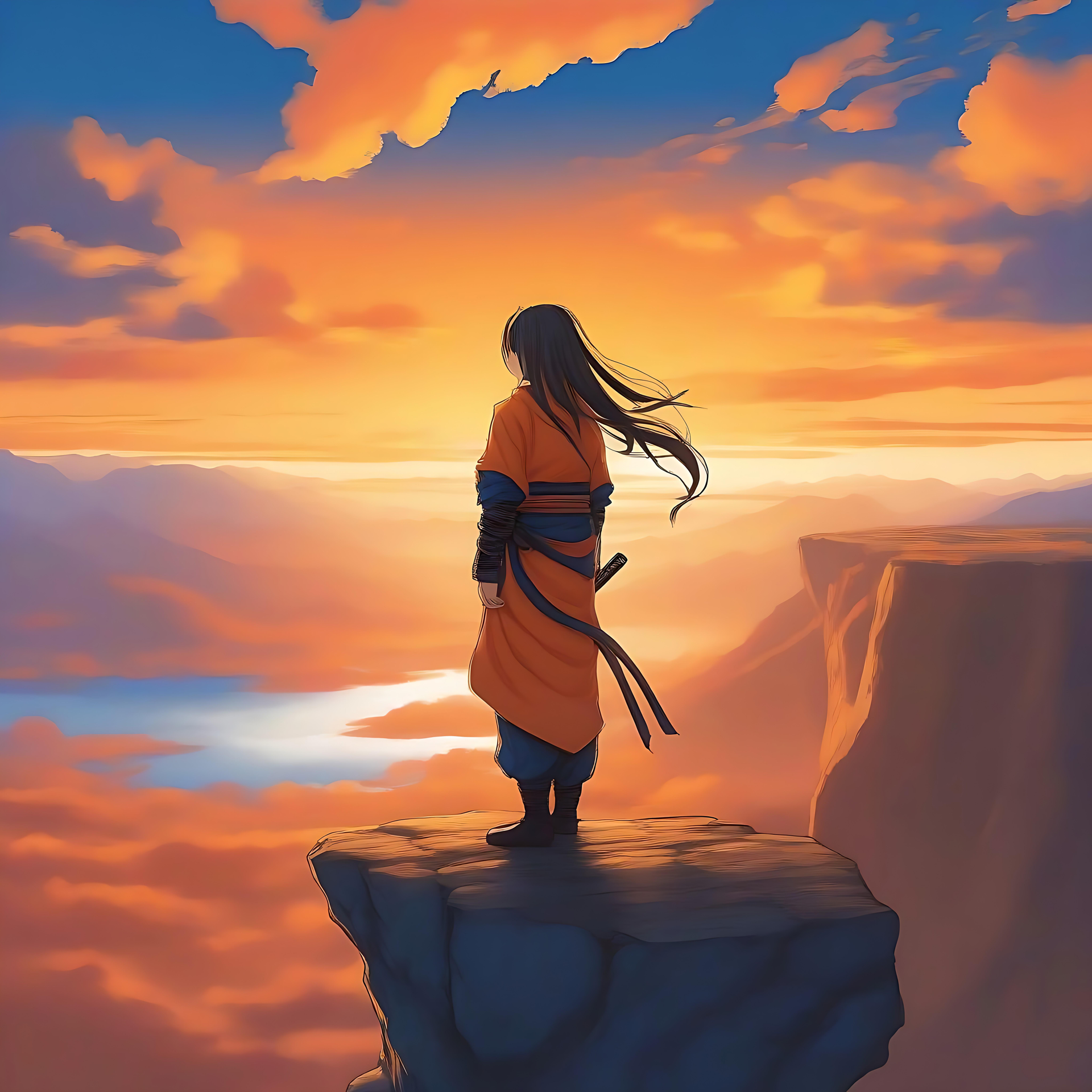 Anime guerreiro em meio a um pôr-do-sol majestoso O guerreiro do anime está em um penhasco olhando para um pôr do sol vibrante com um céu pintado e uma paisagem dramática.