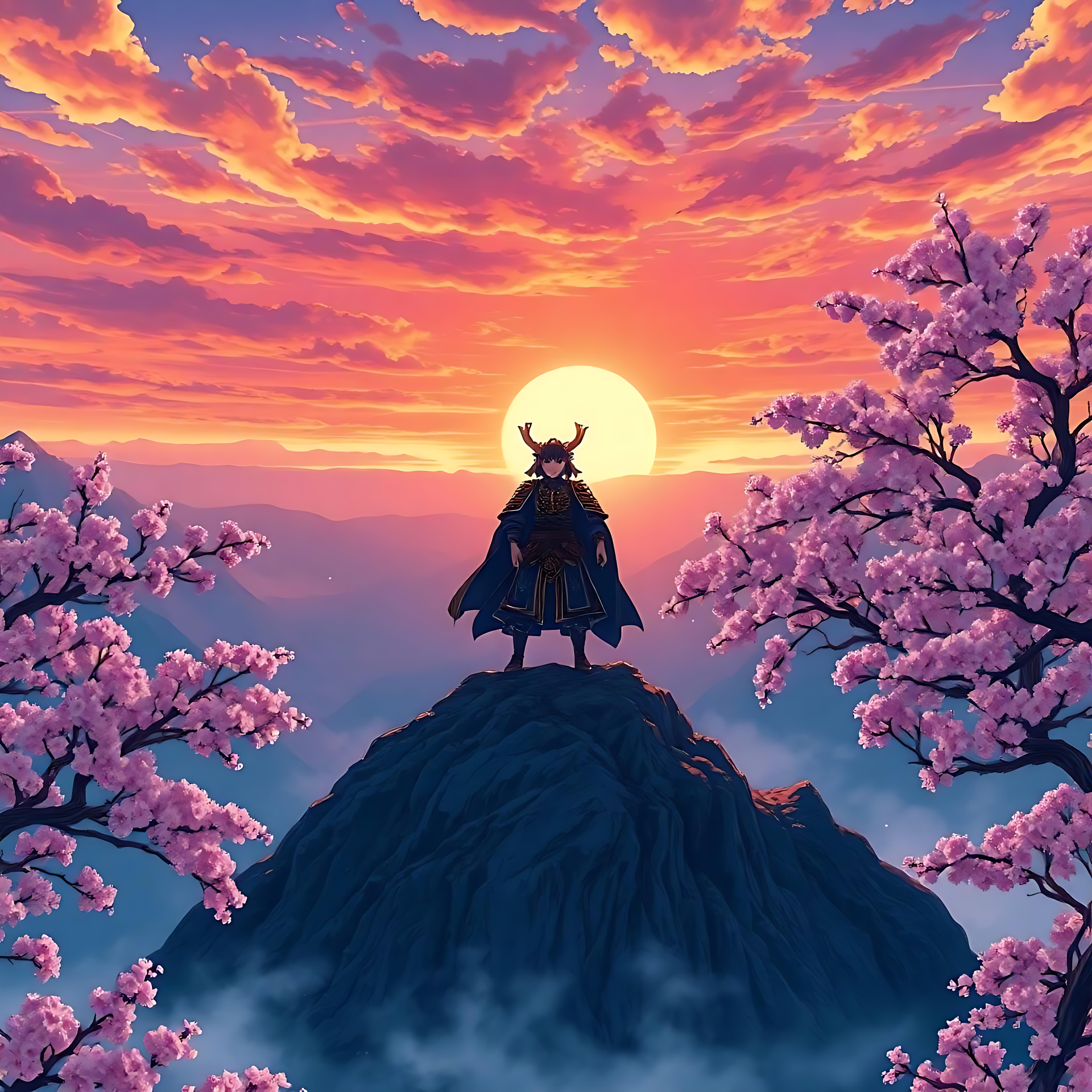 En ensom samurai, der står mod en storslået solnedgang Animekunstværk af en ensom samurai stående på et bjerg med kirsebærblomsttræer og en levende solnedgang i baggrunden.