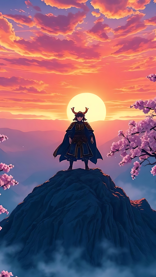 En ensom samurai, der står mod en storslået solnedgang Animekunstværk af en ensom samurai stående på et bjerg med kirsebærblomsttræer og en levende solnedgang i baggrunden.