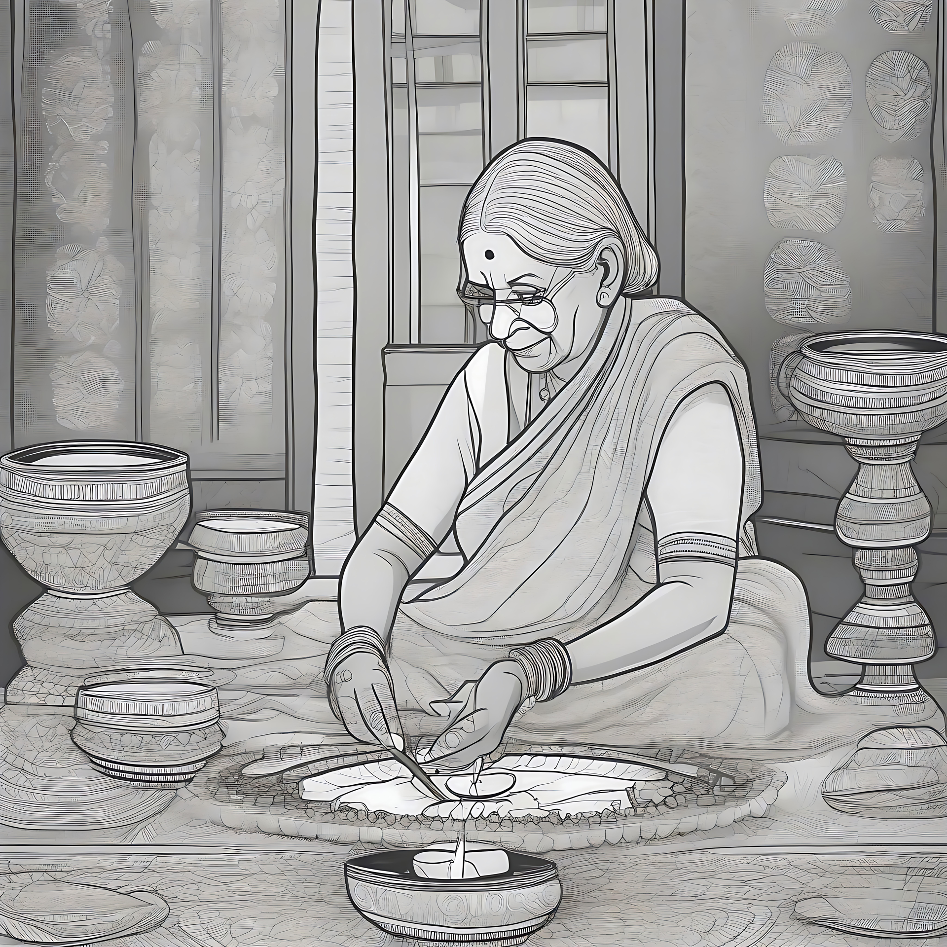 Célébrez Diwali avec une œuvre d'art traditionnelle rayonnante Une scène traditionnelle de Diwali avec une femme faisant du rangoli entourée d'éléments festifs.