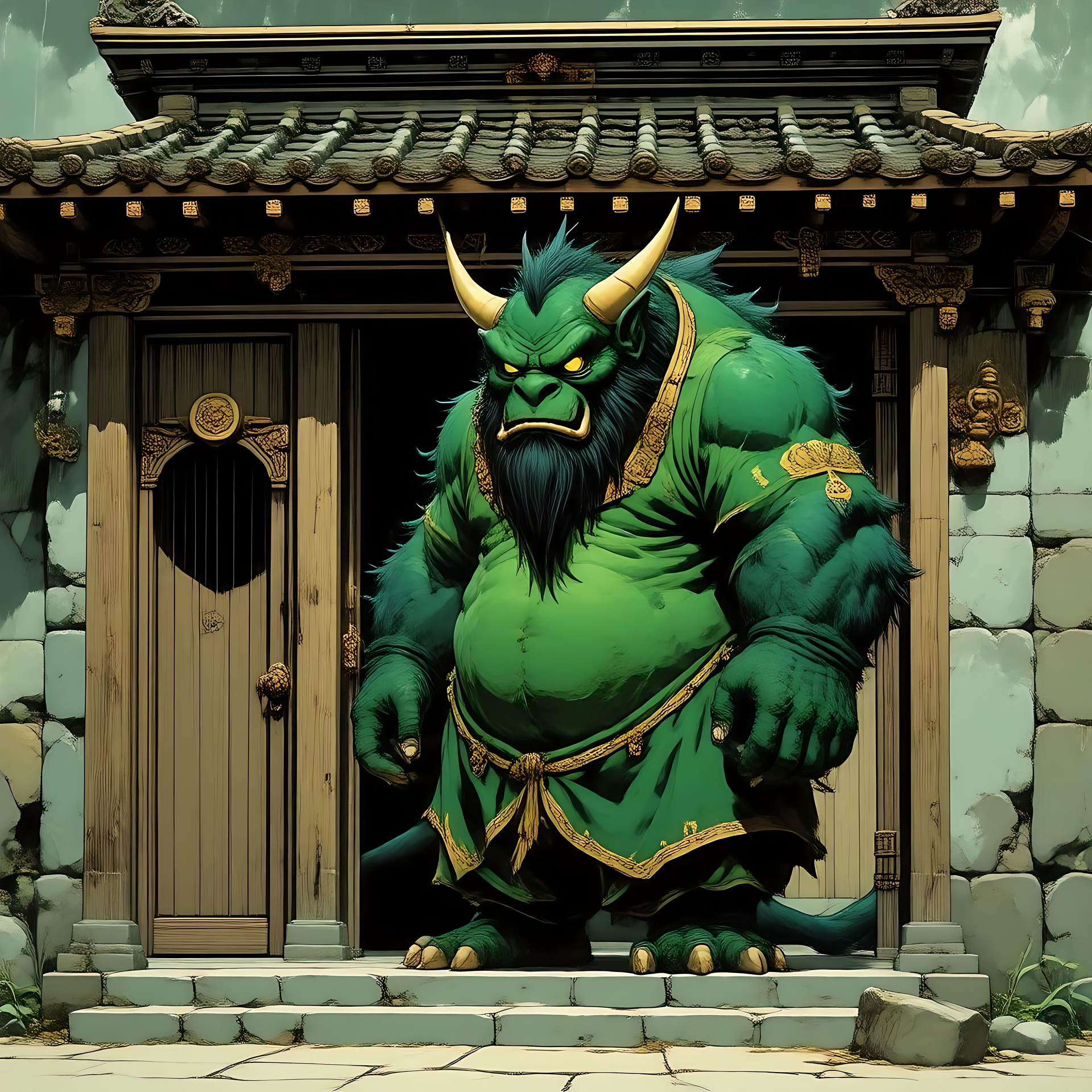 Der Wilde Oni Wächter in Anime-Pracht Oni Krieger im Anime-Stil in Grün vor einem traditionellen japanischen Holzgebäude stehend