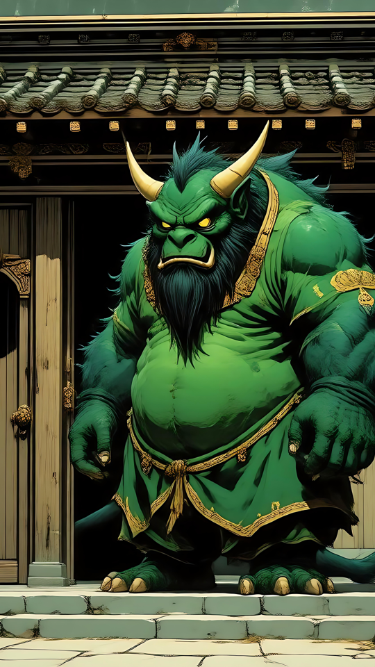 Der Wilde Oni Wächter in Anime-Pracht Oni Krieger im Anime-Stil in Grün vor einem traditionellen japanischen Holzgebäude stehend