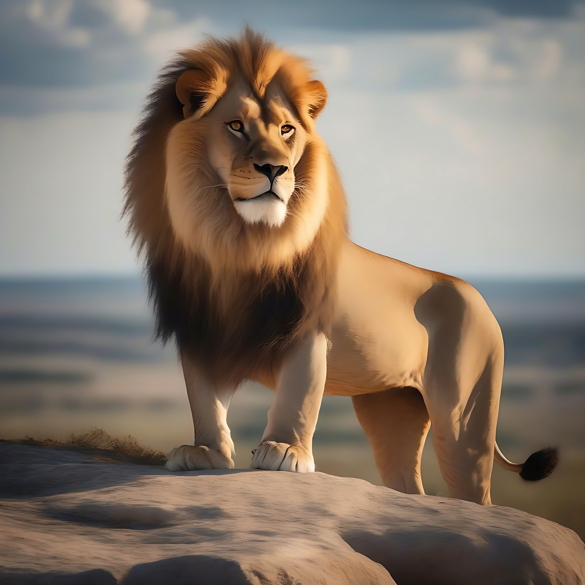 ملك السافانا المهيب أسد مهيب يقف على نتوء صخري، يطل على السافانا وسماء هادئة في الخلفية.