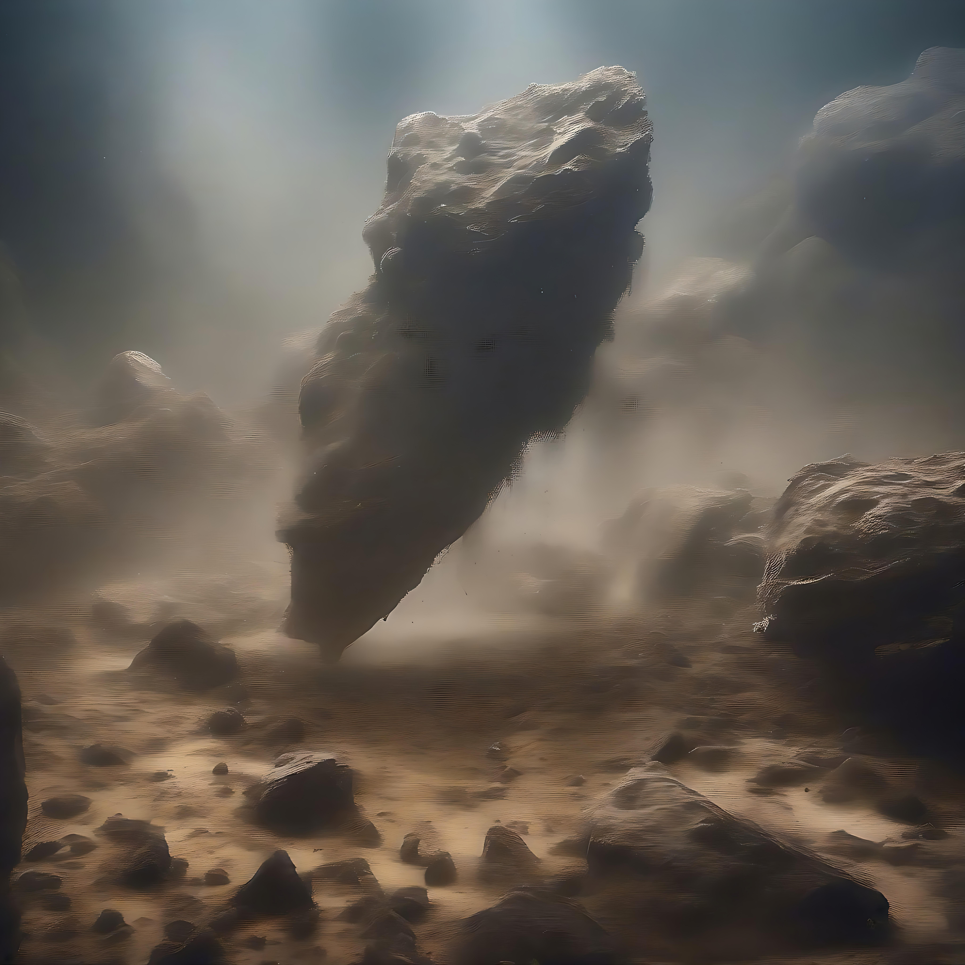 Mystiska flytande stenar i en kosmisk avgrund Surrealistisk bild av flytande rymdstenar i en mystisk kosmisk bakgrund.