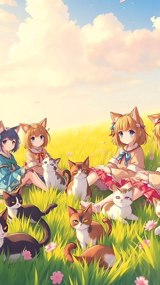Meninas-Gato de Anime e Gatos em uma Paisagem de Prado Sonhadora Meninas-gato de anime sentadas em um prado ensolarado com gatos adoráveis, cercadas por flores e natureza vibrante.