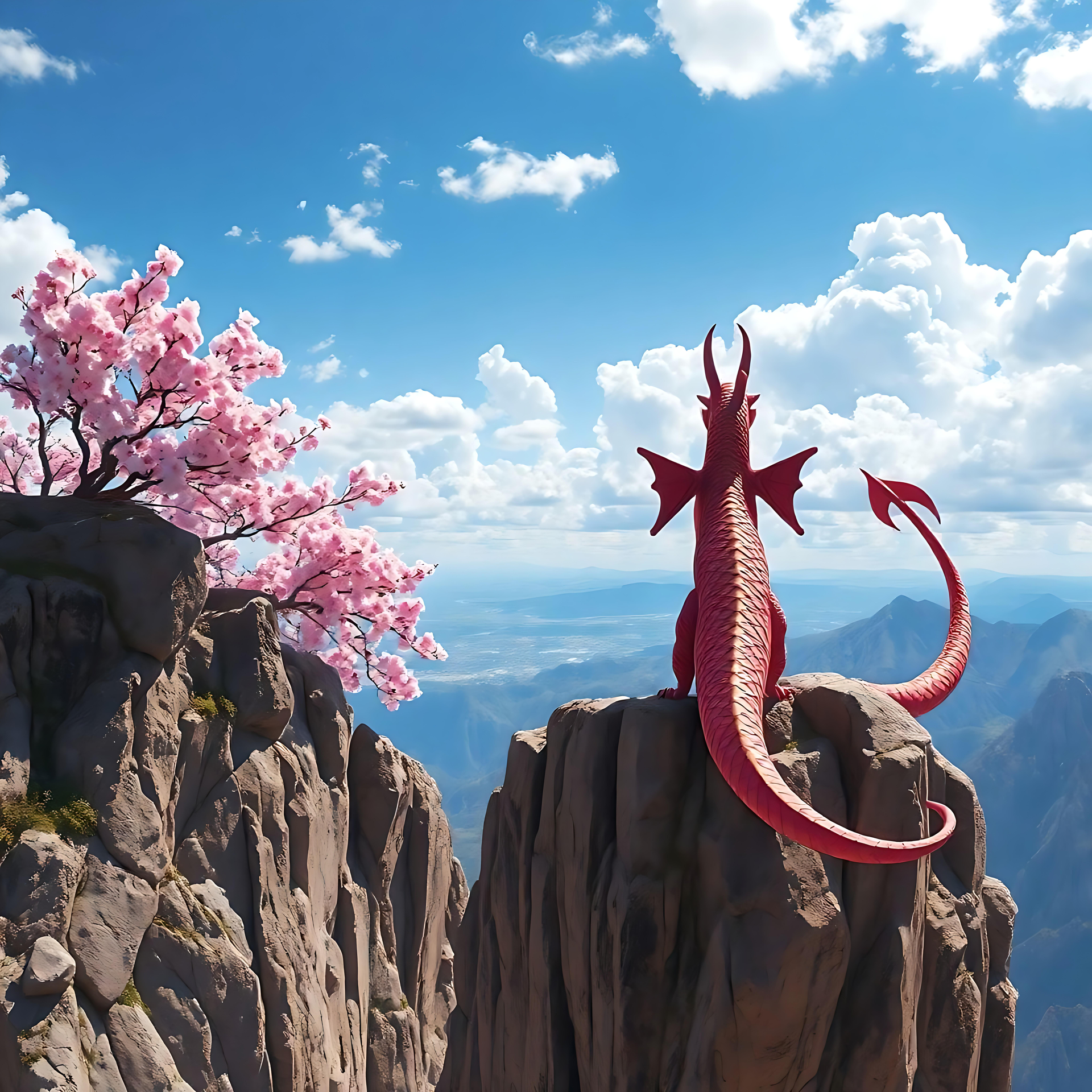 Il Maestoso Drago Rosso che Sovrasta una Scogliera di Ciliegi in Fiore Maestoso drago rosso appollaiato su una scogliera accanto a un albero di ciliegio in fiore sotto un cielo blu.
