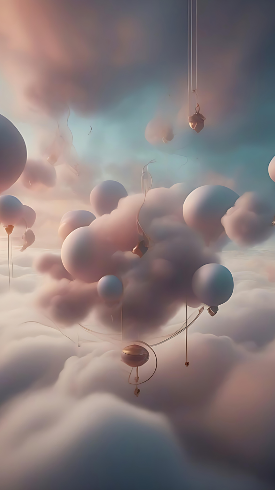 Svärvande in i molnen: Surrealistiskt 3D-ballongkonstverk 3D-konst av svävande ballonger över mjuka moln i surrealistiska drömska himlar