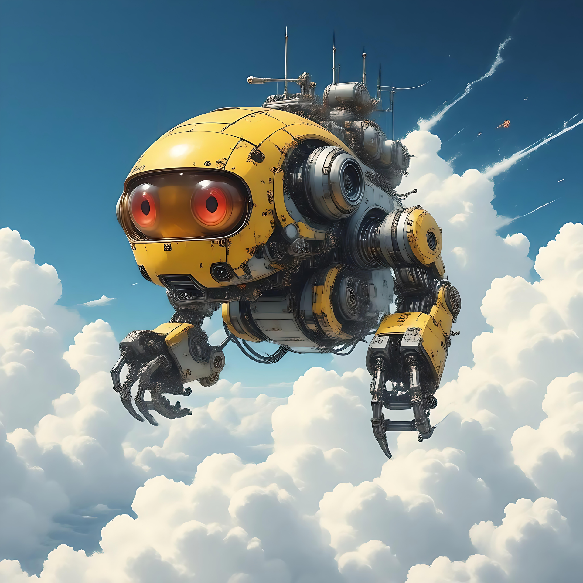 Robot Anime Fluttuante Sopra le Nuvole Robot anime giallo che fluttua sopra le nuvole in un cielo blu brillante.