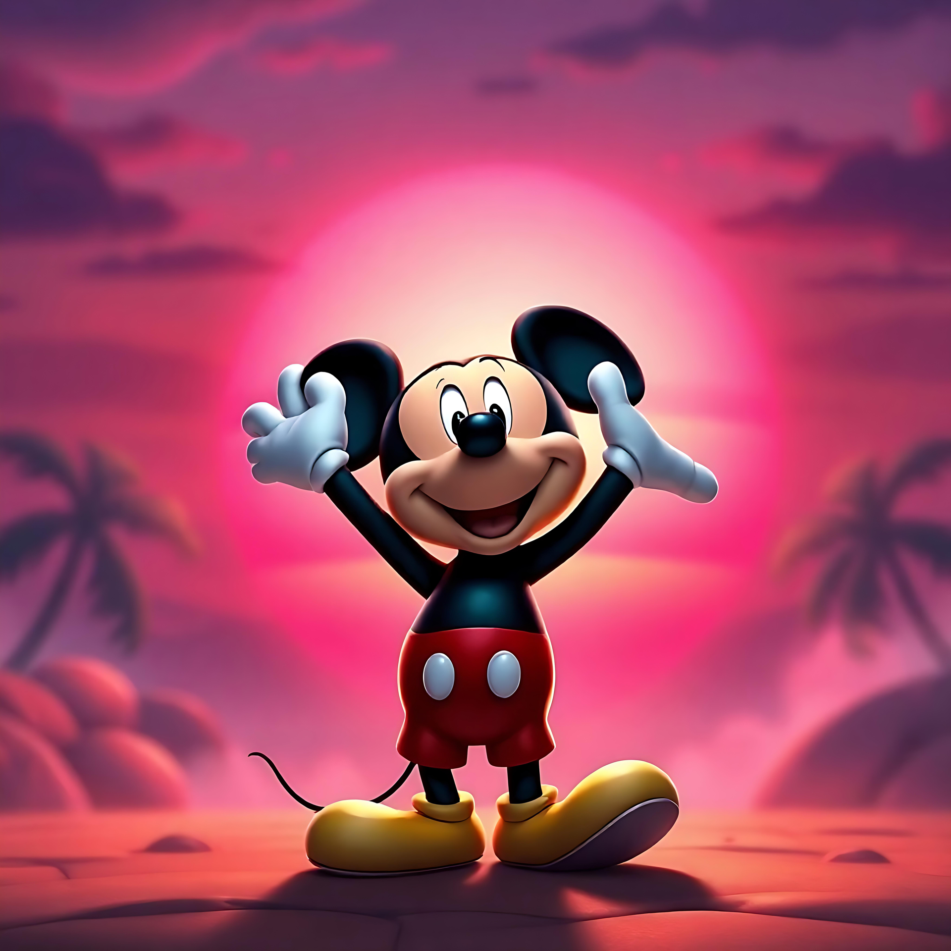 Micky Maus strahlt Freude in einem Sonnenuntergangsparadies aus Micky Maus vor einem glühenden rosa und lila Sonnenuntergang mit Palmen-Silhouetten.