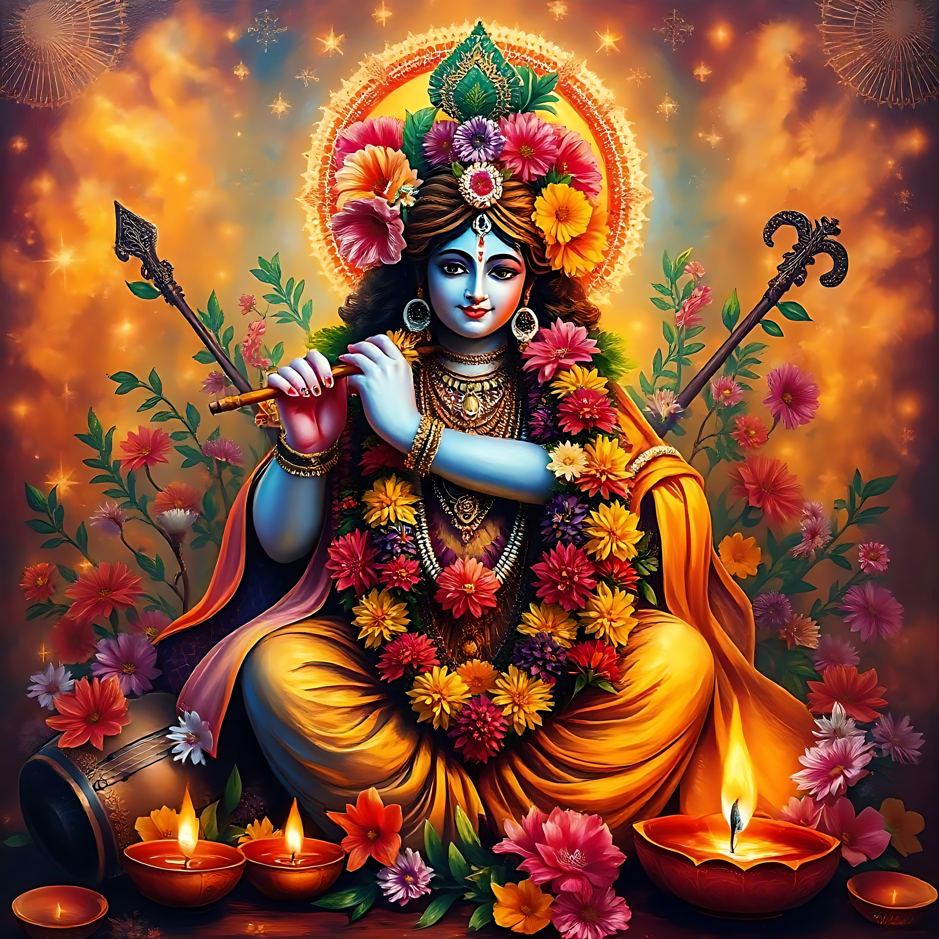Arte Graciosa de Krishna para Diwali Irradiando Serenidade Obra de arte divina de Lord Krishna cercado por flores vibrantes e diyas brilhantes, simbolizando Diwali.