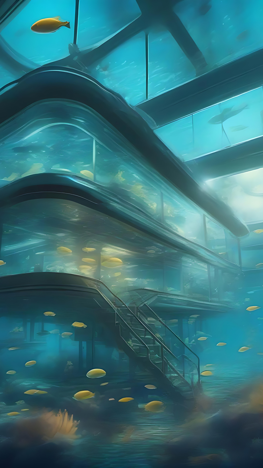 Habitat Subaquático Futurista Um habitat subaquático futurista 3D rodeado por corais vibrantes e cardumes de peixes dourados, com a luz do sol a filtrar-se pela superfície do oceano.