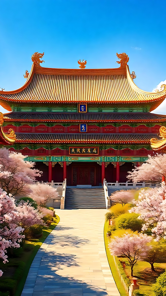 Fredfyldt Harmoni: Et Asiatisk Tempel Indrammet af Kirsebærblomster Asiatisk tempel omgivet af blomstrende kirsebærtræer under en blå himmel