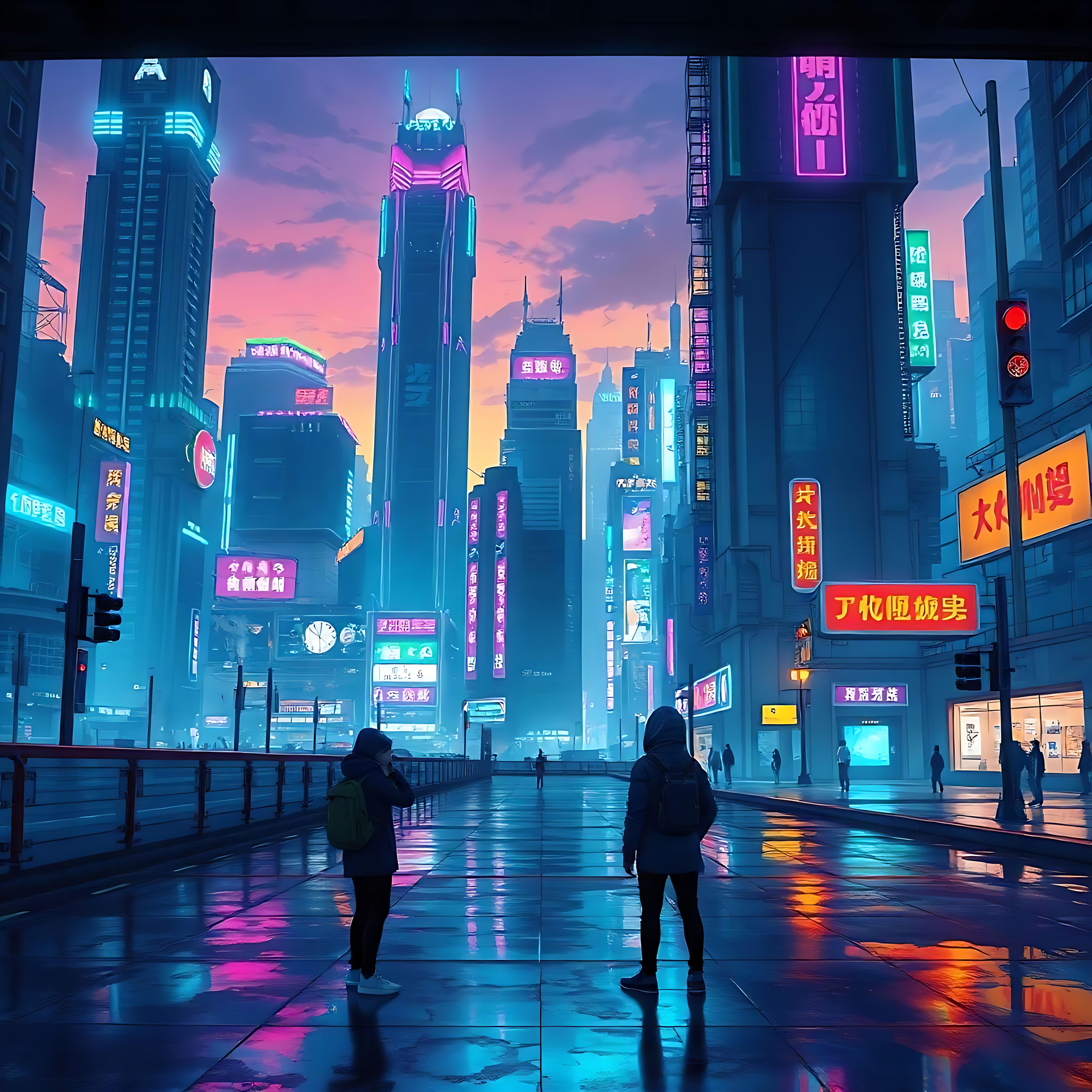 探索一个充满活力的霓虹灯动漫夜城 一个充满活力的夜间动漫城市景观,有霓虹灯和剪影人物。