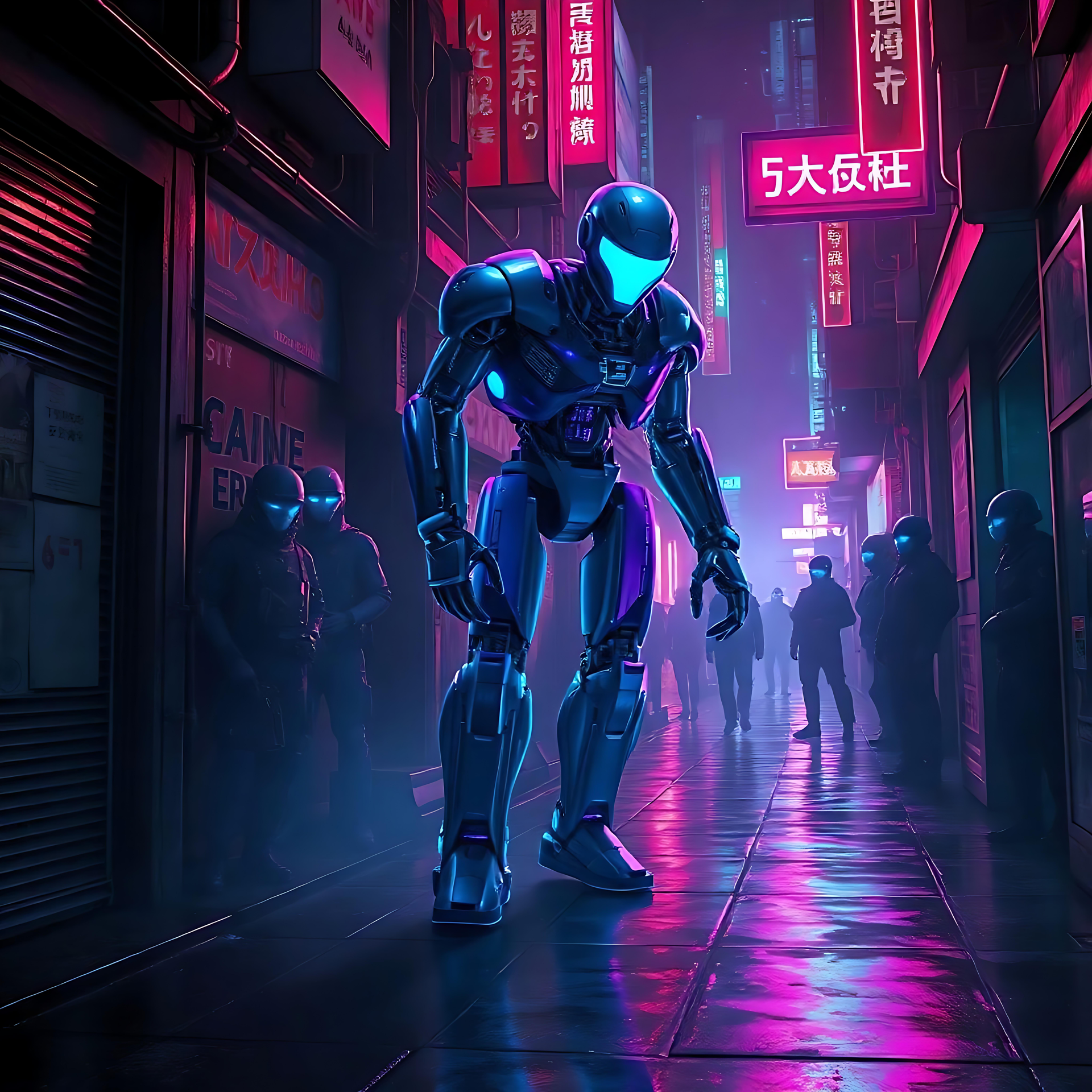 Tauchen Sie ein in einen Neon-Abgrund: Futuristisches Anime-Roboter-Hintergrundbild Anime-Roboter in einer neonbeleuchteten Cyberpunk-Gasse, umgeben von futuristischer Straßenatmosphäre.