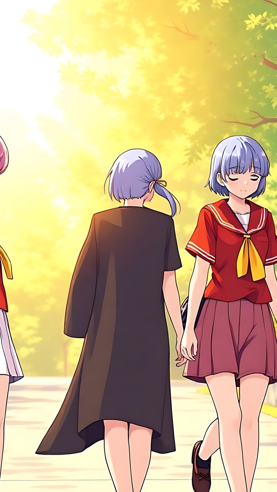 A Stroll of Friendship: Anime Companions in a Serene Setting Anime friends walking down a tree-lined serene pathway in school uniforms and vibrant sunlight.