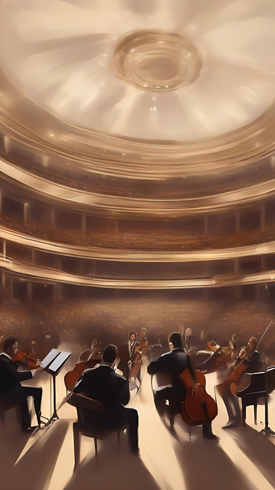 Symfonisk elegans under gyllene ljus Symfoniorkester som uppträder i en stor, gyllene upplyst konserthall.