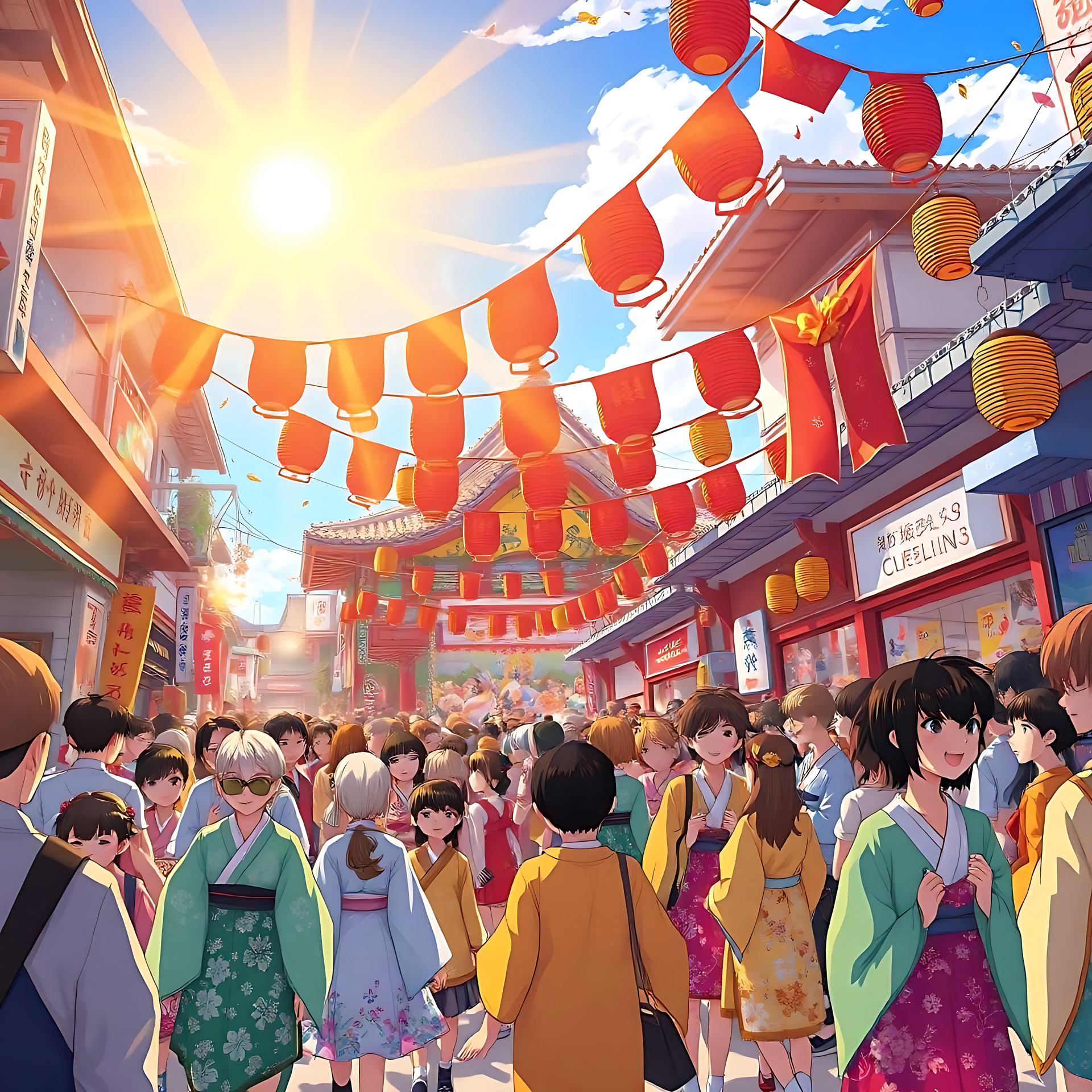 Tauchen Sie ein in den lebhaften Anime-Festivalmarkt Ein lebhafter Anime-Festivalmarkt voller Menschen in traditioneller Kleidung, roten Laternen und sonnigem Himmel.
