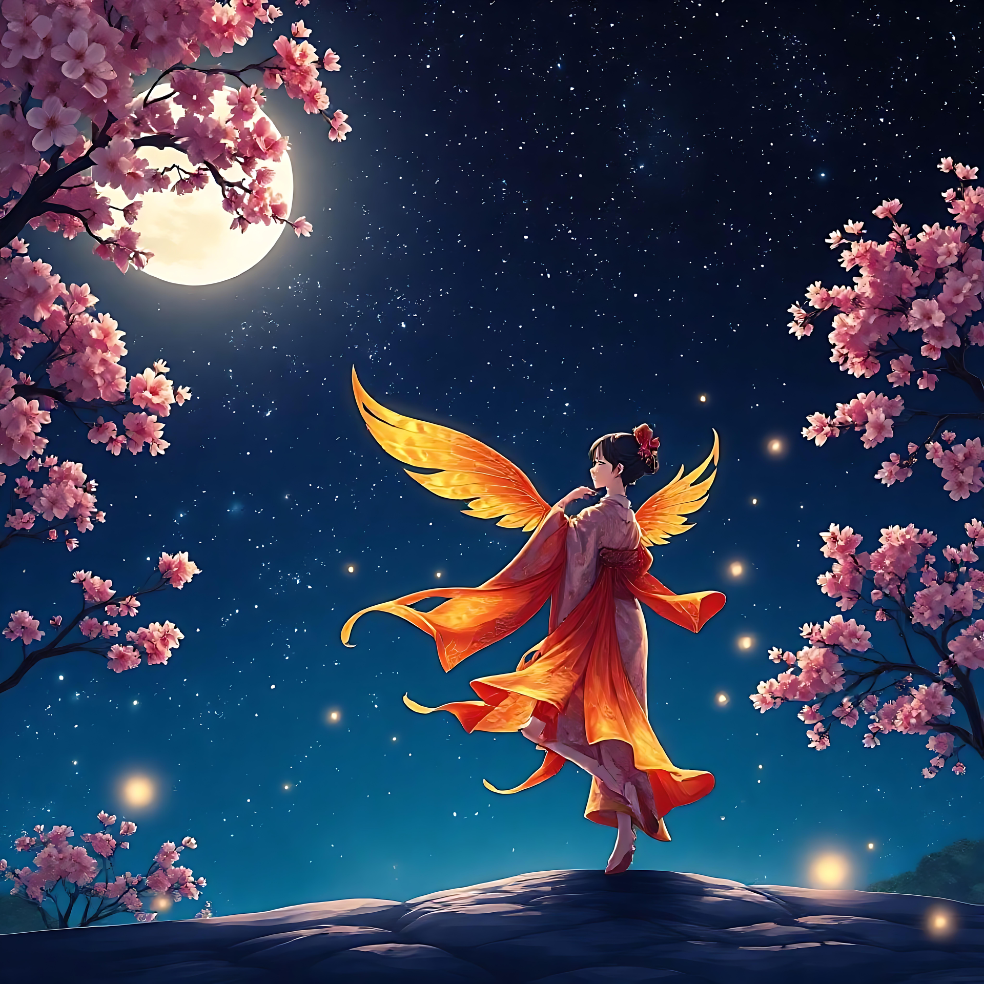 Une Scène Anime Captivante Sous le Clair de Lune Personnage anime avec des ailes dorées lumineuses sous le clair de lune, entouré de cerisiers en fleurs.