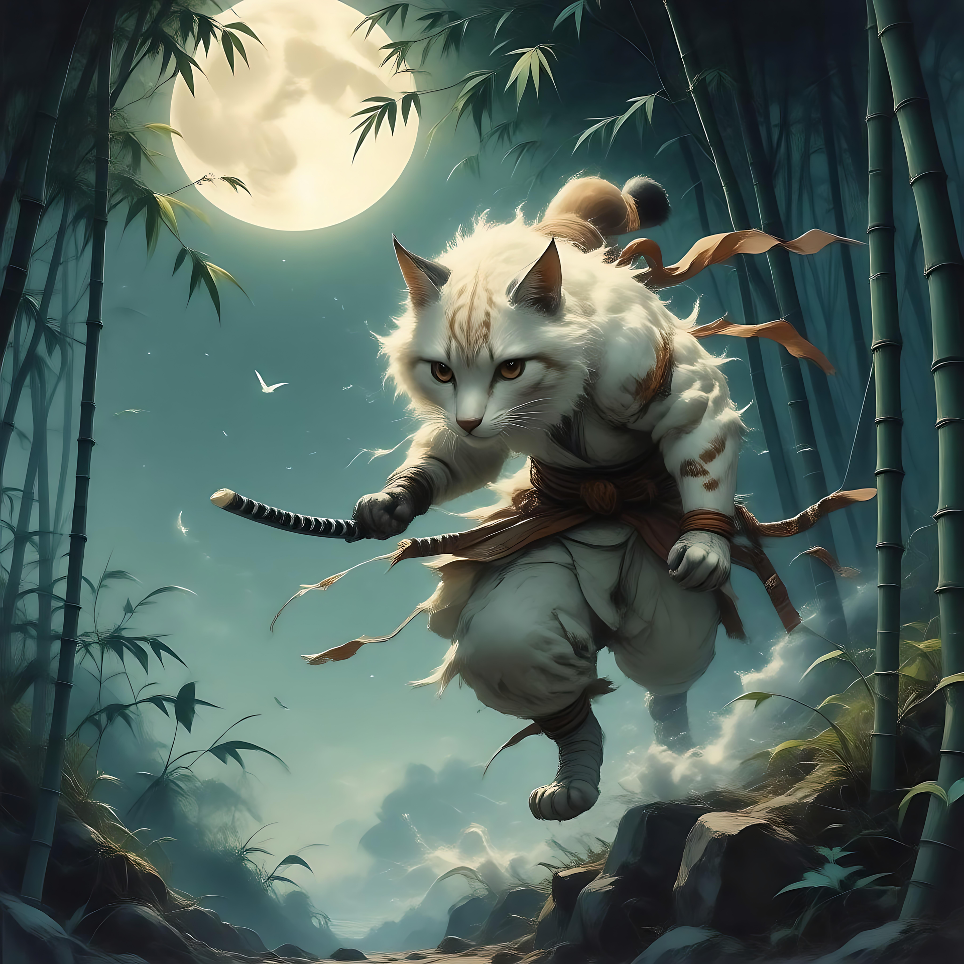 Chat Samouraï dans la Forêt de Bambous Éclairée par la Lune - Fond d'écran Anime Chat samouraï de style anime dans une forêt de bambous éclairée par la lune