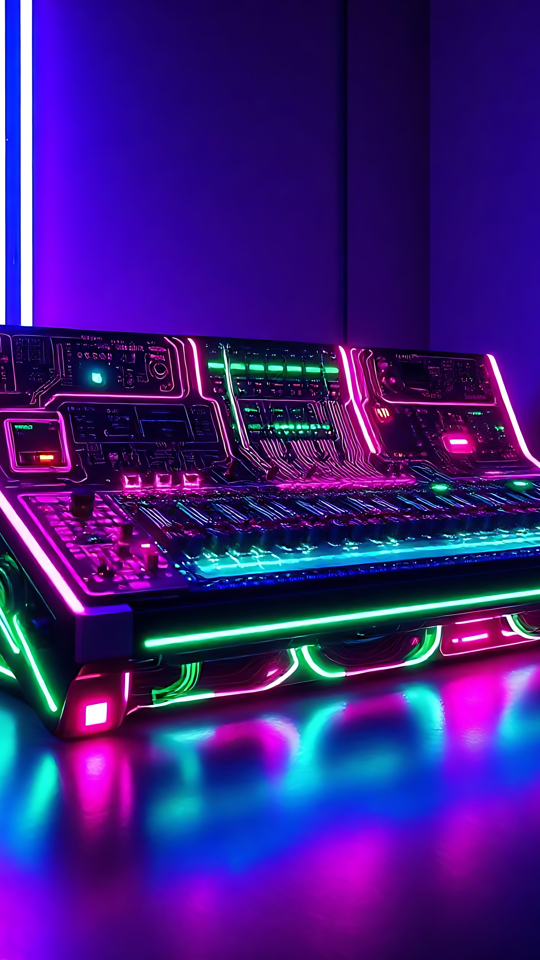 Illuminate Your Space with a Futuristic Neon Music Console Futuristic neon music console with glowing purple, pink, and blue lights in a dark room.