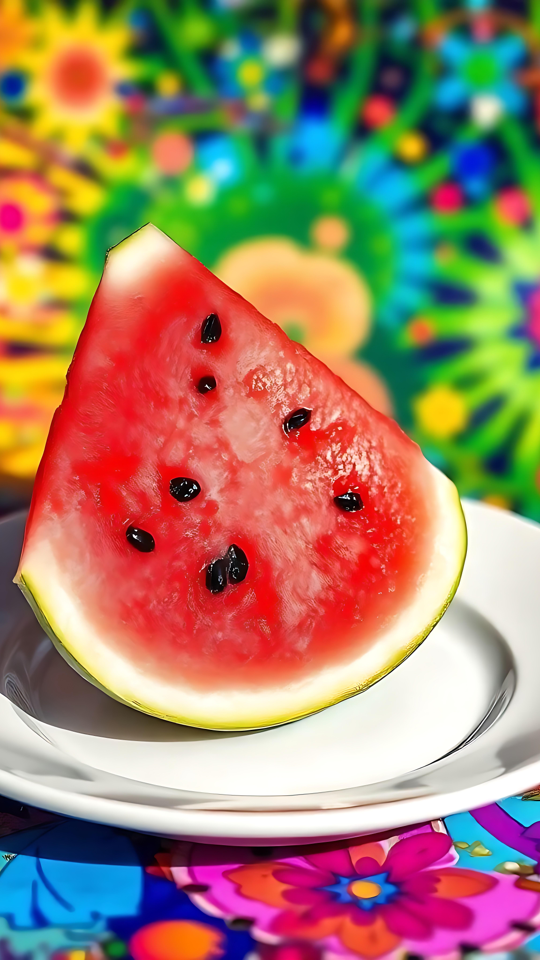 Vibrant tropisk vattenmelon på en blomsterkanvas En skiva vattenmelon på en vit tallrik mot en färgglad blomsterbakgrund.