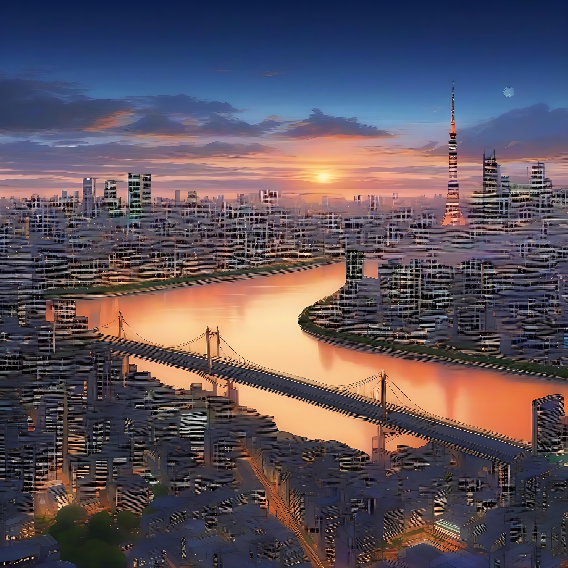 Ein ruhiger Sonnenuntergang über einer lebendigen Anime-Stadtlandschaft Anime-Stadtlandschaft mit einem leuchtenden Fluss bei Sonnenuntergang und einer Skyline mit einem Turm.