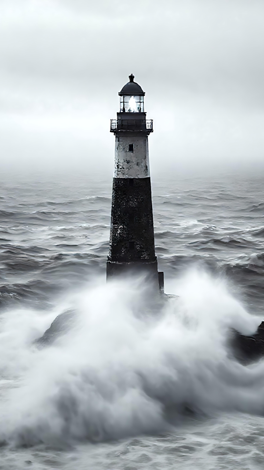 Majestätischer Leuchtturm inmitten einer stürmischen Schwarz-Weiß-See Schwarz-Weiß-Hintergrundbild eines Leuchtturms inmitten stürmischer See.