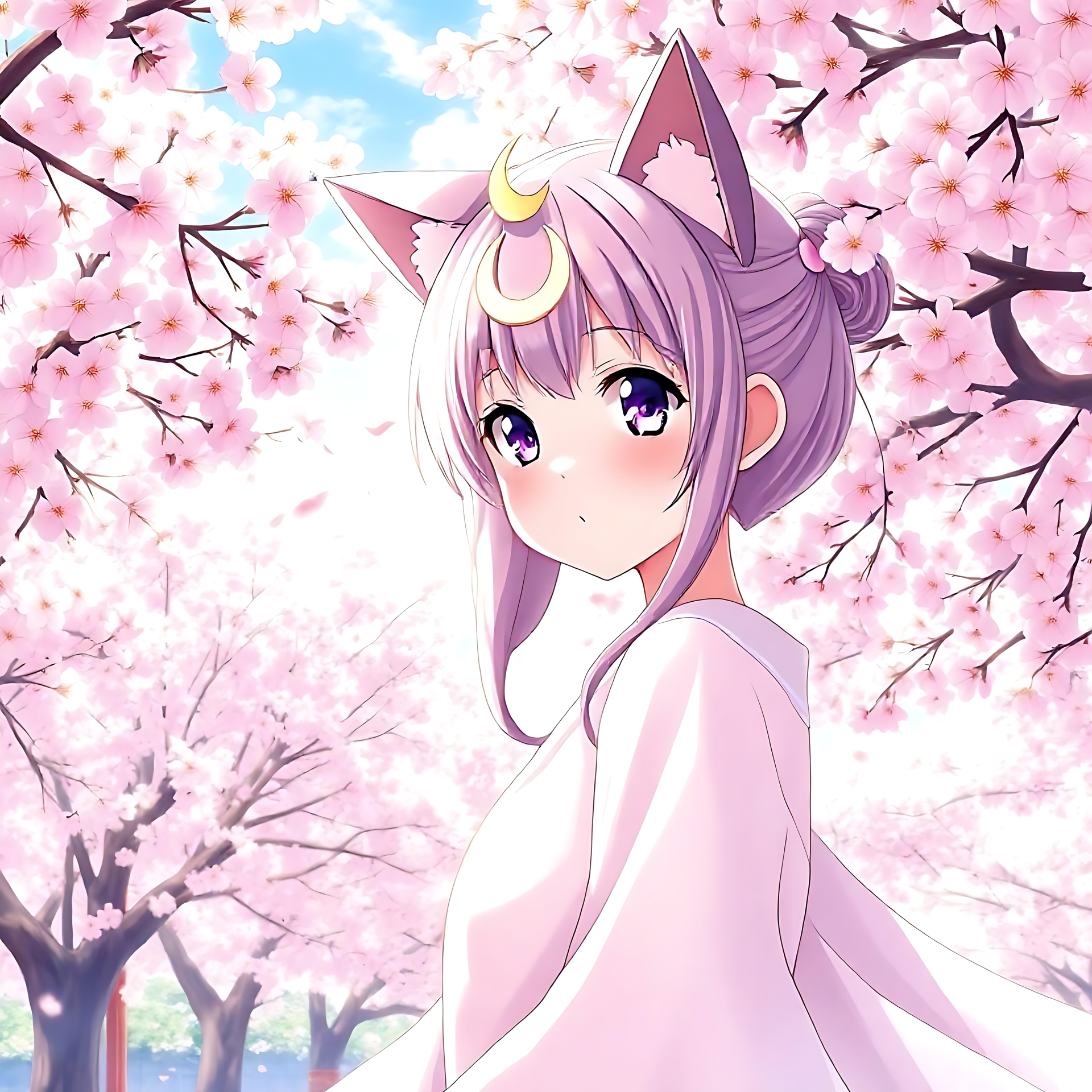 Sakura Çiçekleri Arasında Anime Kedi Kız Güneşli bir bahar gününde sakura çiçekleri arasında menekşe gözlü anime kedi kız.
