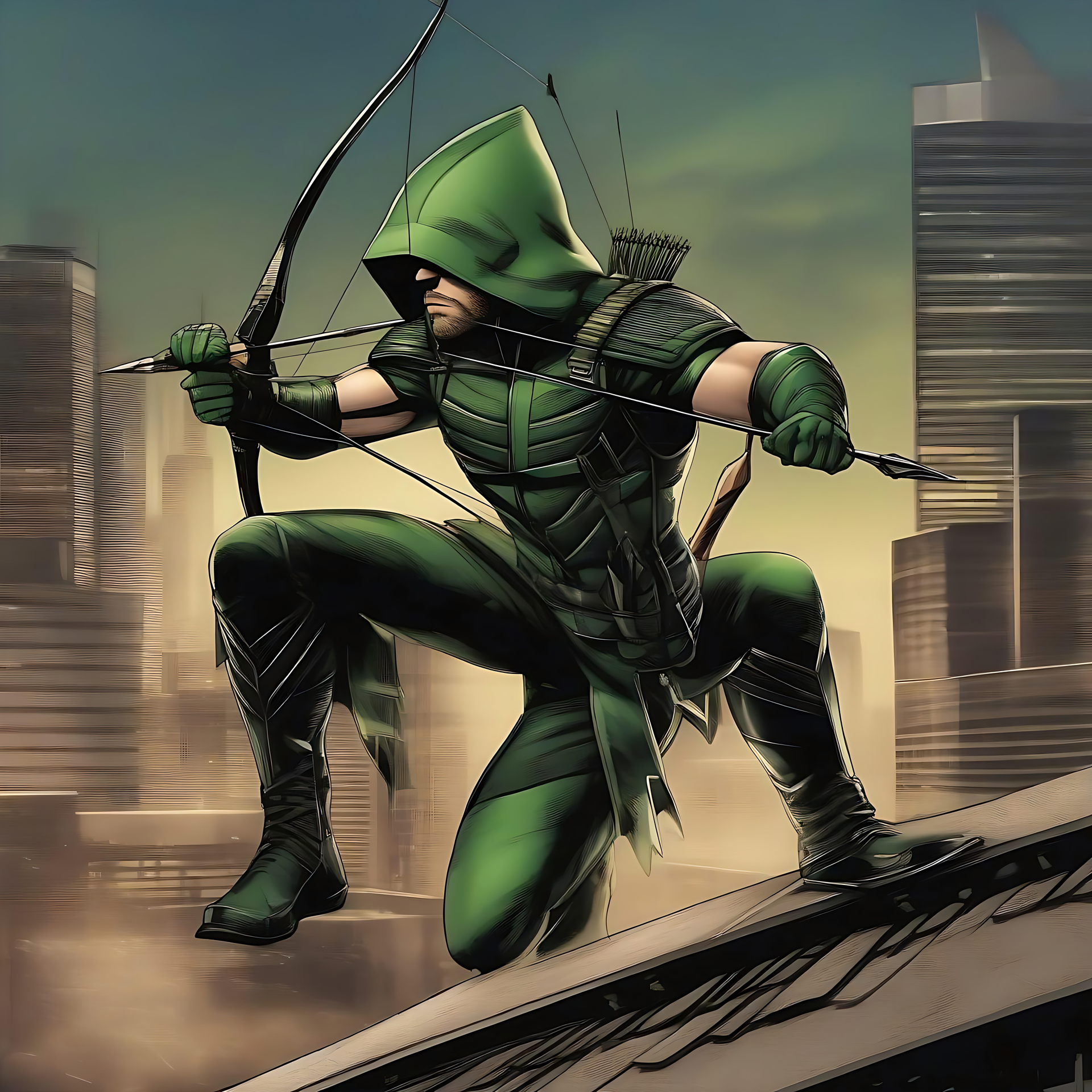 Ασταμάτητος Green Arrow: Ένα Είδωλο Τιμωρός Ο Green Arrow με τόξο σε ηρωική στάση με θέα τον ορίζοντα της πόλης.