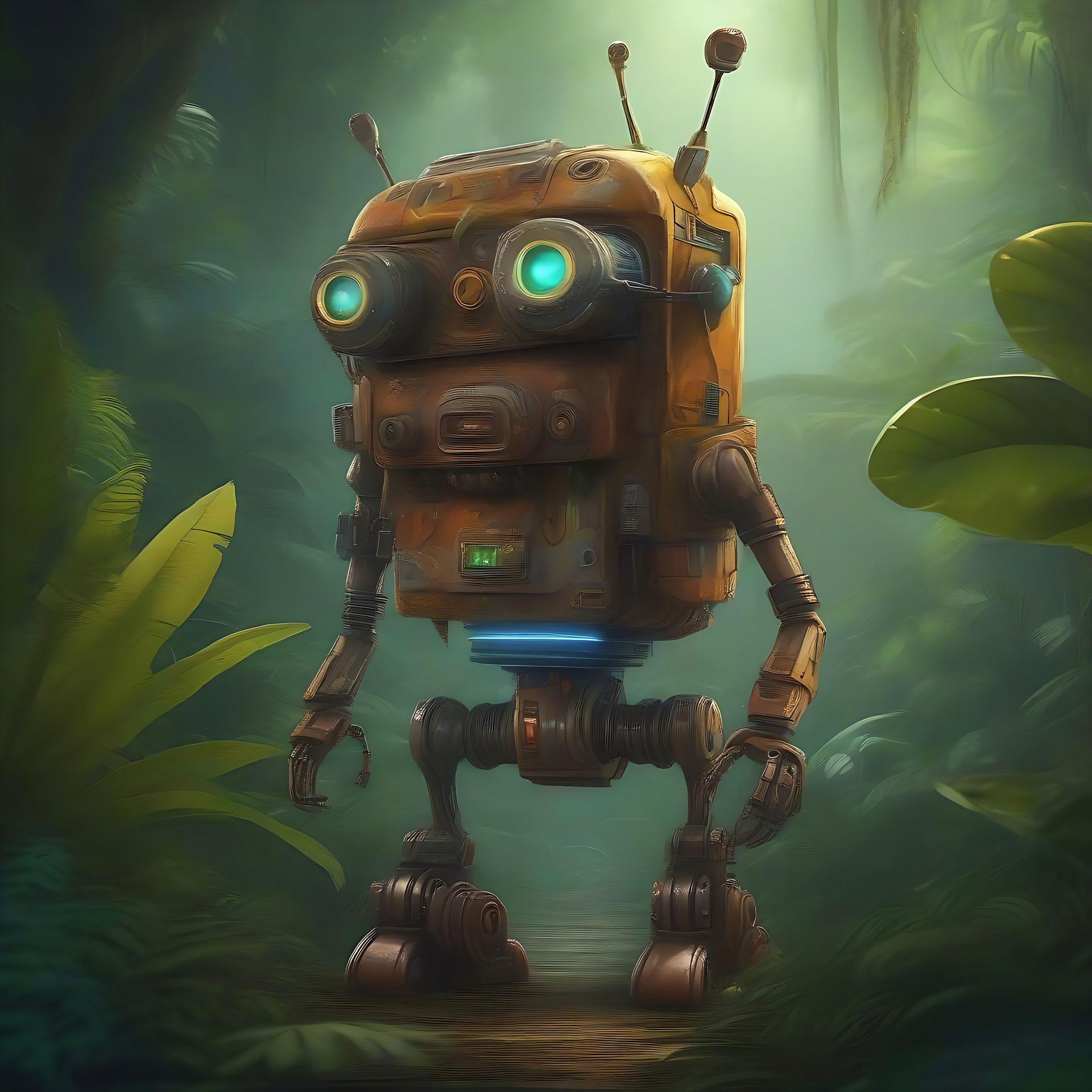 Charmig robotkompis i en gåtfull skog En charmig robot med glödande blå ögon som står i en frodig grön skog