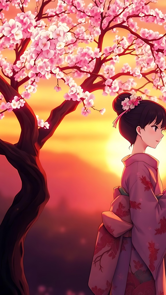 Heiterer Abend unter den Kirschblüten Ein Anime-Kunstwerk eines Sonnenuntergangs mit Kirschblüten und einer Person in traditioneller Kleidung.