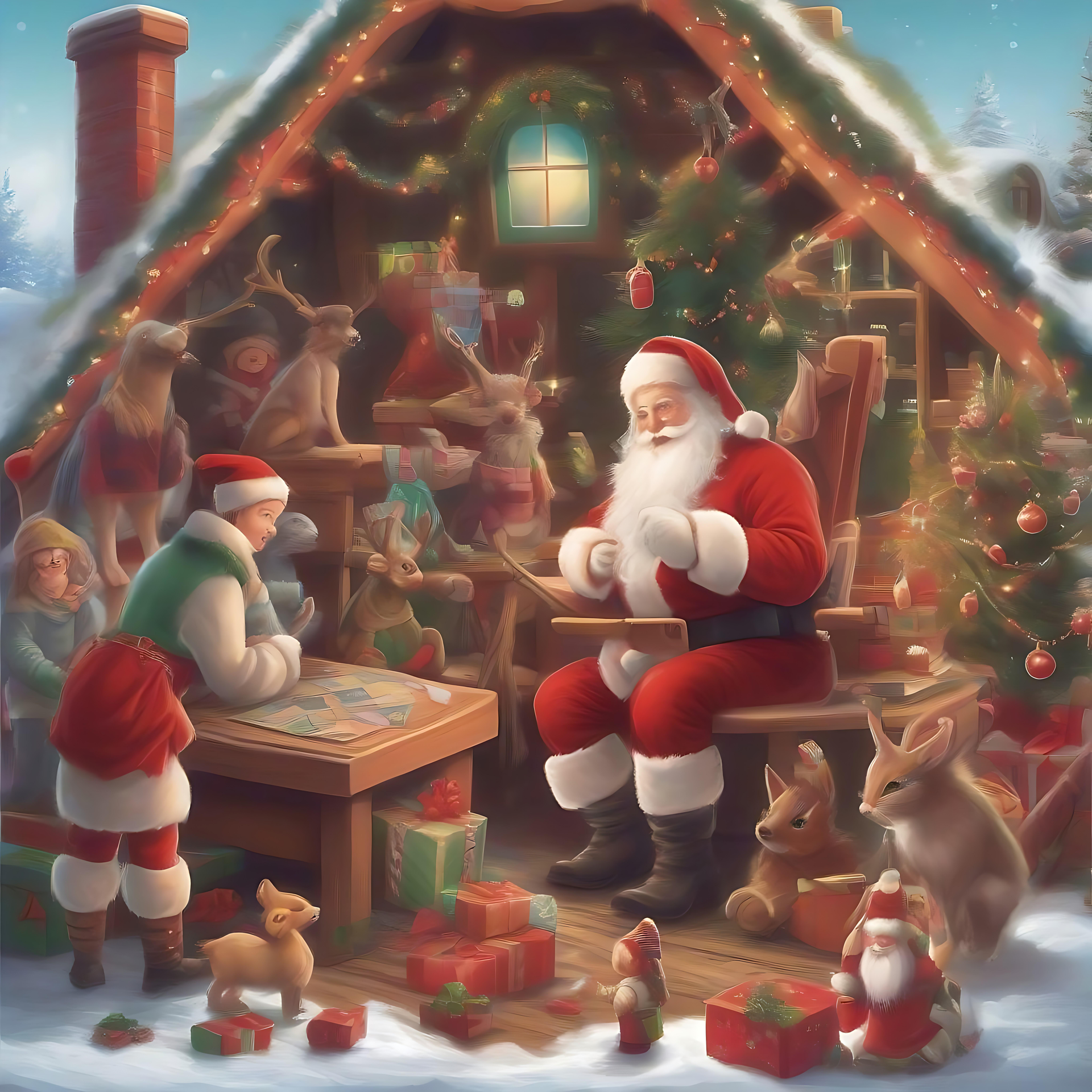 सांता का आरामदायक क्रिसमस केबिन सांता क्लॉज़ एक उत्सवपूर्ण, बर्फीले केबिन में बैठे हैं, जो योगियों, बारहसिंगों और क्रिसमस की सजावट से घिरे हुए हैं।