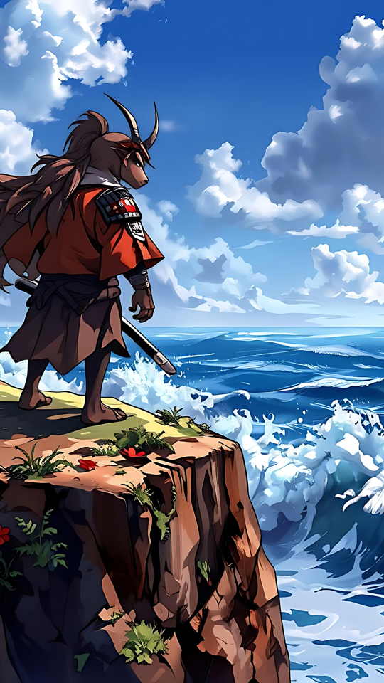 Un samurai solitario accanto al mare infinito Samurai anime in piedi su una scogliera con un oceano sotto un cielo vivido.