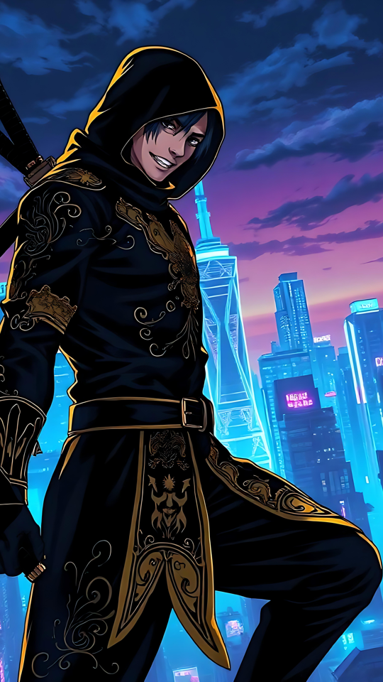 Ninja Anime Surplombant le Tokyo Néon Ninja anime se tenant devant un horizon futuriste de Tokyo éclairé au néon la nuit.