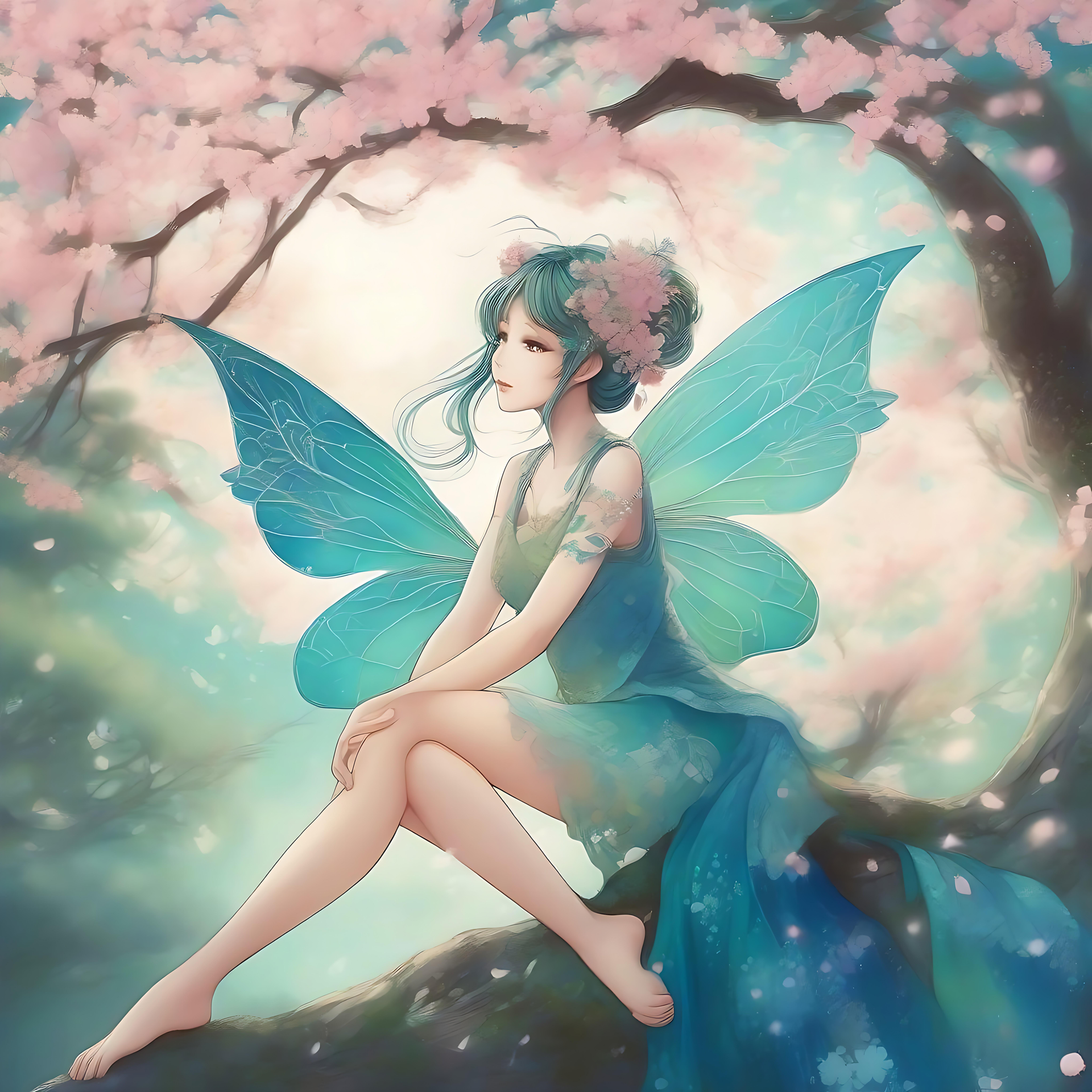 Magical Anime Fairy in a Blossoming Sakura Forest Anime fairy with azure wings sitting amidst sakura blossoms in a magical fantasy setting.