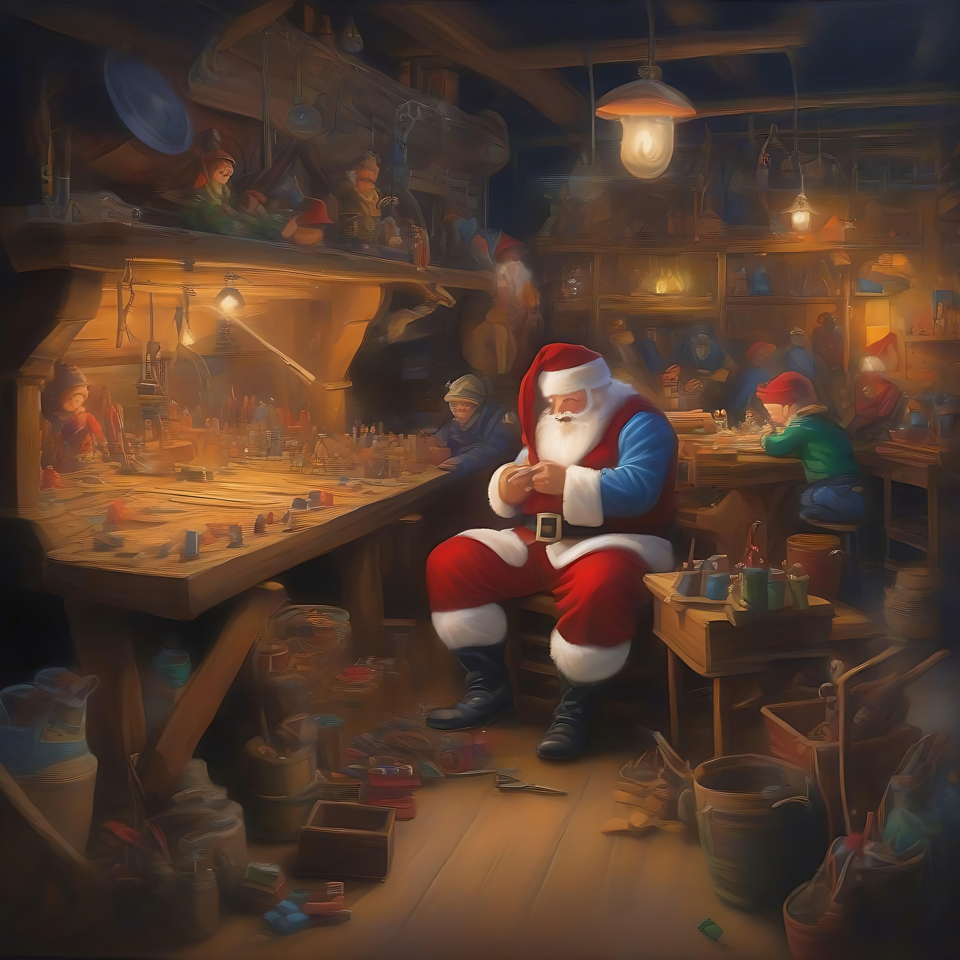 El Encantador Taller de Papá Noel: Un País de las Maravillas Navideño en 8K Papá Noel trabajando en un acogedor taller de Navidad rodeado de elfos y juguetes.