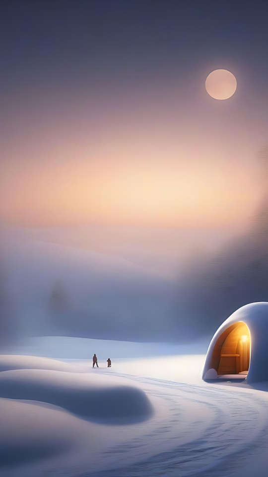 Mysig igloo i ett månlyst vinterlandskap En lysande igloo i ett snölandskap under fullmåne