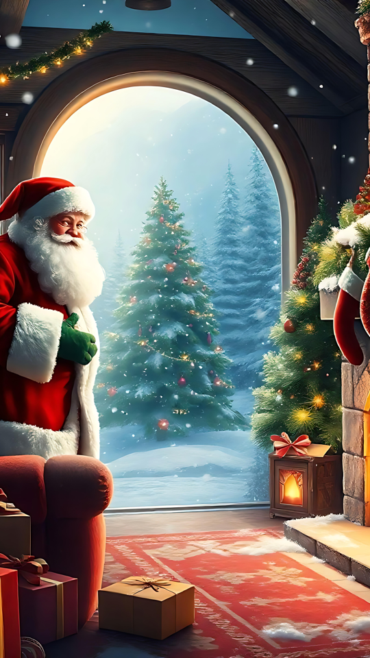 Jultomten vid den öppna spisen: En mysig julafton Jultomten i en mysig julmiljö med öppen spis och presenter